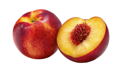 Vibrant nectarine and its sliced half on black background