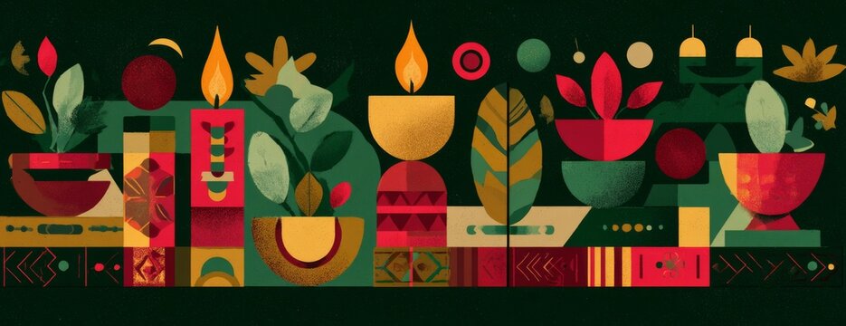 Colorful abstract illustration of plants and candles on dark background. Black History Month, Kwanzaa