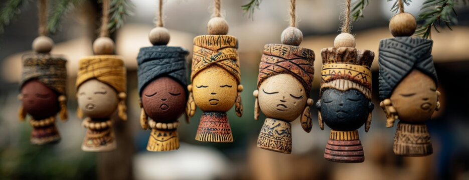 African style cultural wooden dolls with diverse designs hanging on display  