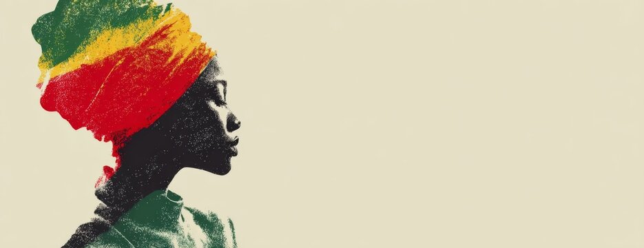 Young Black woman in profile wearing colorful headwrap on neutral background. Heritage month or black history month concept 