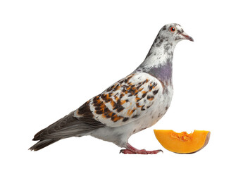 Mottled grey and white bird with orange patches near a slice of pumpkin