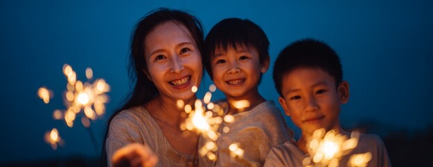 Asian mother celebrating Chinese New Year with two children and holding sparklers at night  