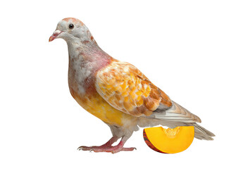 Colorful pigeon perched next to a slice of ripe fruit