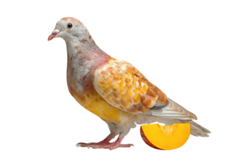 Colorful pigeon perched next to a slice of ripe fruit
