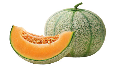 A whole cantaloupe and a slice showing bright orange flesh and seeds