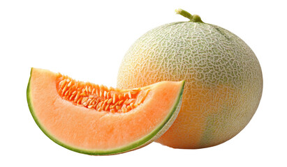 A whole cantaloupe and a bright orange, juicy slice with seeds