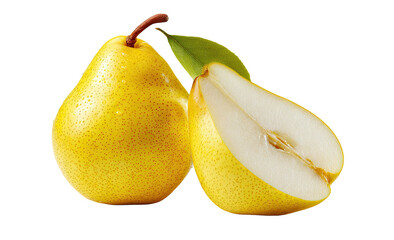 A ripe yellow pear, whole and halved, showing seeds and flesh