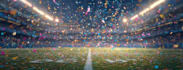 Confetti falling on American football field during celebration event