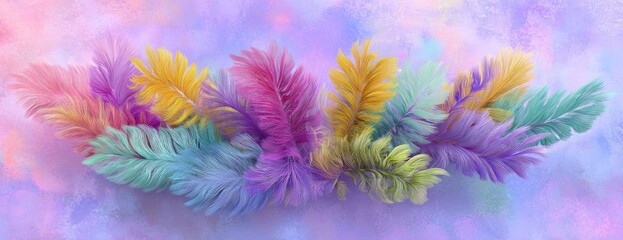 Colorful feathered floral arrangement on pastel background for Mardi Gras celebration  