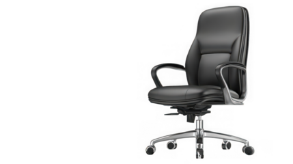 Black executive office chair with high back and wheels, isolated on transparent background