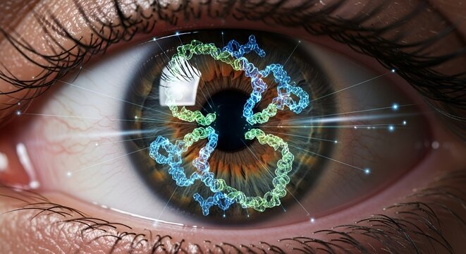 Futuristic Conceptual Image of Human Eye with DNA Double Helix Overlay Representing Genetic Engineering, Biotechnology, and Personalized Medicine Through Iris Biometric Technology