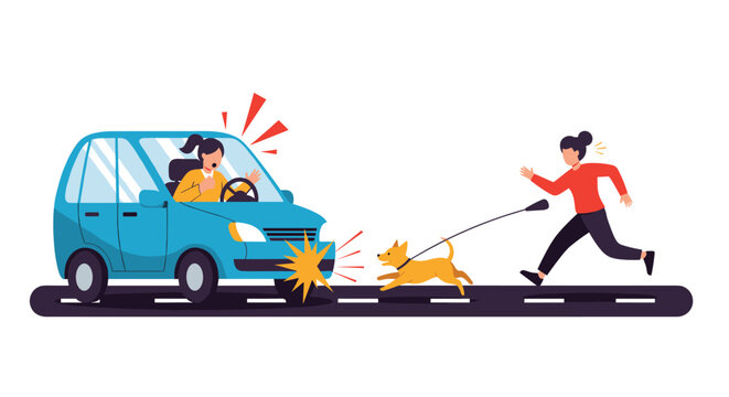 Dangerous road accident scene with a car about to hit a dog on a leash, as the shocked female driver and panicked owner react.