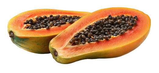 Bright orange papaya halves reveal black seeds, isolated on black