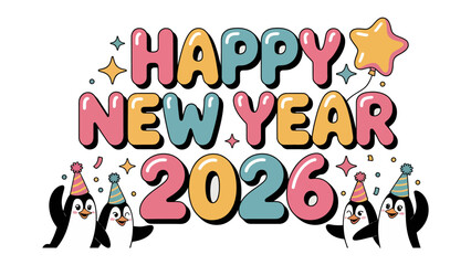 Happy New Year 2026: A cheerful illustration of the new year with penguin mascots celebrating amidst confetti and celebratory elements.
