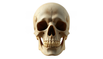 Anatomical human skull front view showing teeth and eye sockets isolated on white background