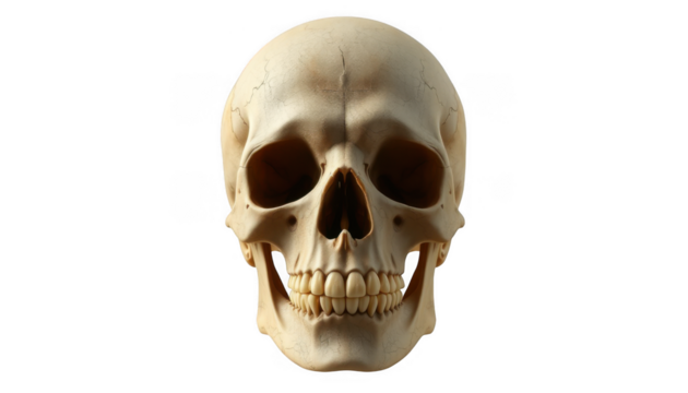 Anatomical human skull front view showing teeth and eye sockets isolated on white background
