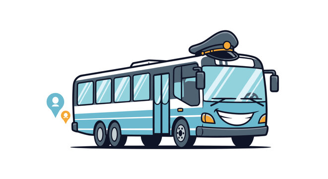 Friendly cartoon public bus with a smiling face and a driver's cap, representing cheerful and reliable city transportation services.