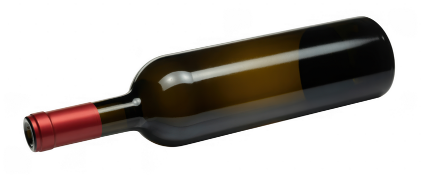 Brown glass wine bottle with red cap isolated on a transparent background