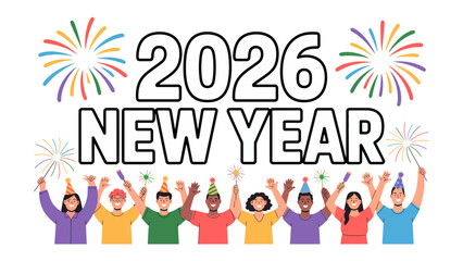 Celebration in 2026: A group of diverse people joyfully usher in the new year with fireworks and festive cheer. Capturing anticipation and celebration.