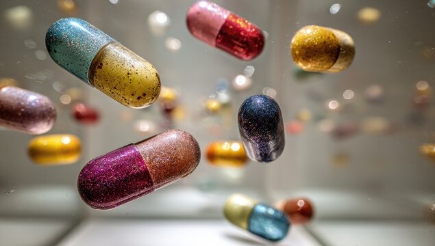 Colorful, sparkling capsule-shaped objects floating against a blurred background - Powered by Adobe