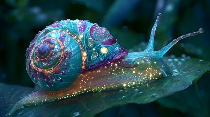 Luminescent gastropod moves slowly across a damp leaf surface