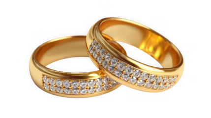Two sparkling gold diamond wedding bands isolated on transparent background