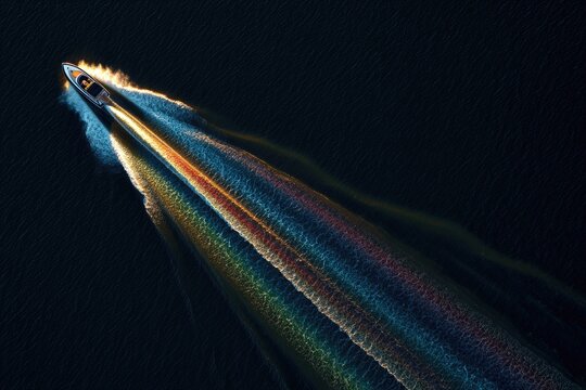 Aerial view captures a speedboat leaving a vibrant wake on dark, reflective water