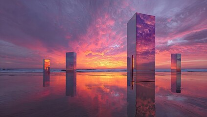 Gleaming mirrored columns reflect vibrant sunset hues on a serene, wet, sandy beach