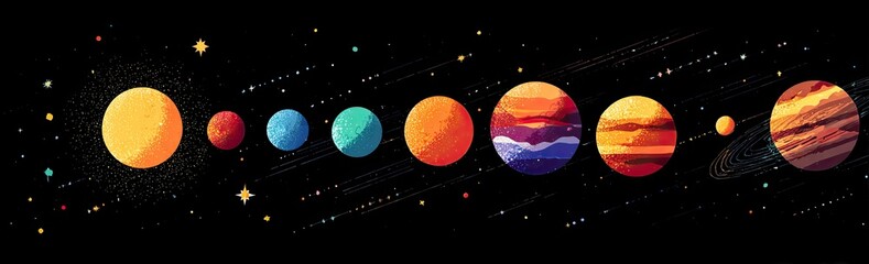 Fototapeta premium A stylized graphic depicts a planetary system, featuring the sun, several planets, and celestial bodies against a dark backdrop