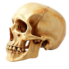 A detailed human skull in profile view with a light brown bone texture isolated on white background
