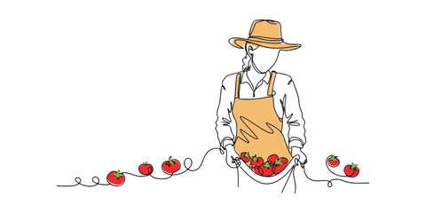 Minimal line-art illustration of a female farmer holding fresh tomatoes in her apron, symbolizing organic farming, local produce, sustainable agriculture. Clean, modern vector style ideal for banners