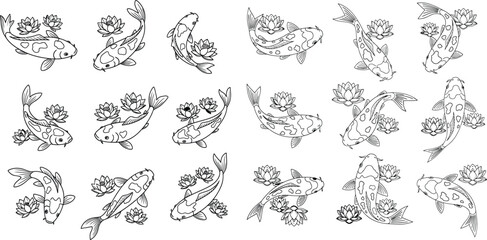 Fototapeta premium A serene collection of swimming koi fish accompanied by delicate lotus flowers in various harmonious arrangements