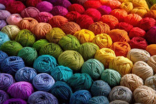 Array of brightly colored yarn balls arranged in an orderly display, showcasing a spectrum