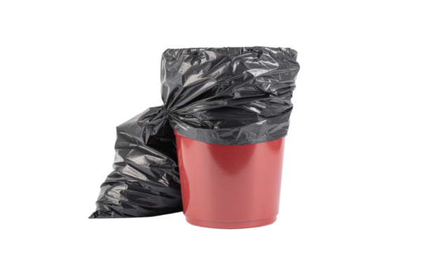 Red trash can with a black trash bag inside and another full black trash bag next to it, isolated on white background png with transparency - Powered by Adobe