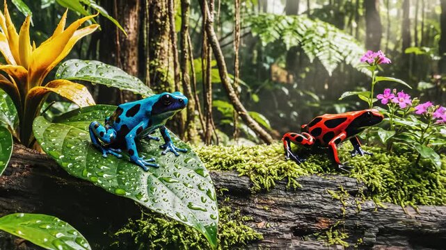 Poison Dart Frogs Resting on Tropical Plant and Mossy Log in Rainforest