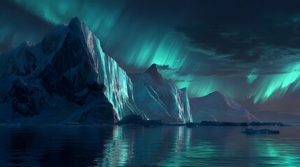 Towering glacial formations reflect vibrant celestial light above a calm polar sea