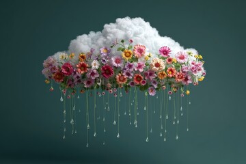 A fluffy cloud blooms with colorful flowers, with water droplets falling below against a teal background
