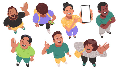 Obraz premium Top down view of young happy smiling people on a white background. Vector illustration