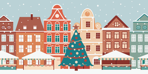 Festive christmas market scene with colorful buildings and snowfall