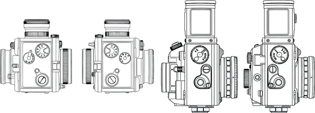 Detailed line illustration of four vintage twin lens reflex cameras from different perspectives