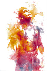 Energetic abstract watercolor painting of a lord hanuman in motion with vibrant colors.