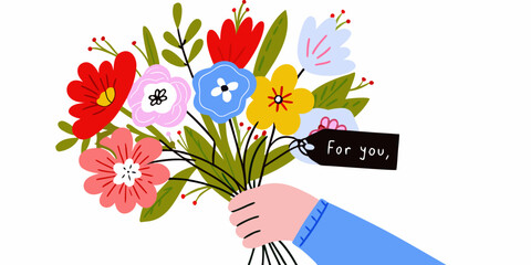 Hand holding colorful flower bouquet with a tag saying for you