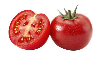 Juicy red tomato, whole and halved, showcasing seeds and pulp