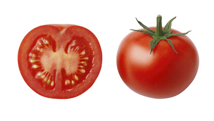 A whole ripe tomato sits beside a juicy half-cut tomato