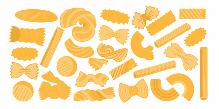 Variety of pasta shapes isolated on white background for cooking and food concepts