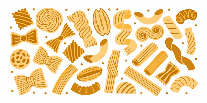 Variety of pasta shapes illustration on white background