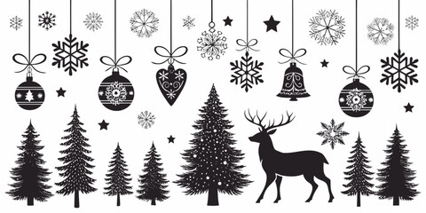 Festive Christmas decorations featuring reindeer, snowflakes, ornaments, and trees create a joyful holiday season feel for your designs