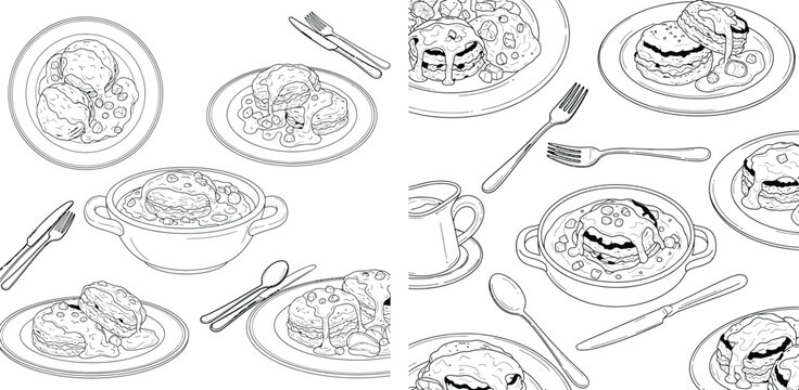 Hand drawn collection of breakfast pastries or sweet sundaes served on plates with spoons