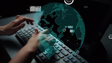 A close-up view of hands typing on a keyboard with a digital globe overlay and data visualizations on the screen, representing technology and global connectivity in a modern workspace. Xenic - Powered by Adobe