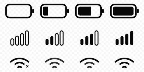 Smartphone status bar battery wifi signal icons vector illustration, Mobile phone 5g network and battery status icons, Phone network WIFI battery icon symbol. hone iOS notification bar symbol. vector 